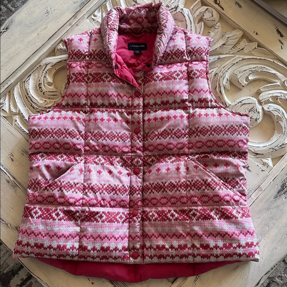 Land's End Down Puffer Vest Womens L Red Pink White Snap front Warm winter cozy